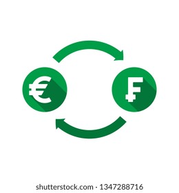 currency exchange vector concept. green symbols of euro and franc with long shadows and arrows on white background. flat cartoon money converter illustration. eps 10