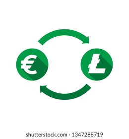 currency exchange vector concept. green symbols of euro and litecoin with long shadows and arrows on white background. flat cartoon money converter illustration. eps 10