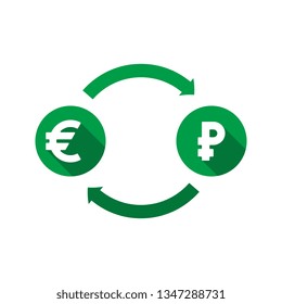 currency exchange vector concept. green symbols of euro and ruble with long shadows and arrows on white background. flat cartoon money converter illustration. eps 10