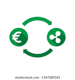 currency exchange vector concept. green symbols of euro and ripple with long shadows and arrows on white background. flat cartoon money converter illustration. eps 10