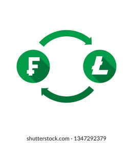 currency exchange vector concept. green symbols of franc and litecoin with long shadows and arrows on white background. flat cartoon money converter illustration. eps 10