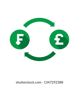 currency exchange vector concept. green symbols of franc and pound with long shadows and arrows on white background. flat cartoon money converter illustration. eps 10