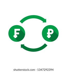 currency exchange vector concept. green symbols of franc and ruble with long shadows and arrows on white background. flat cartoon money converter illustration. eps 10