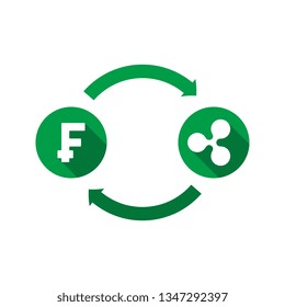 currency exchange vector concept. green symbols of franc and ripple with long shadows and arrows on white background. flat cartoon money converter illustration. eps 10