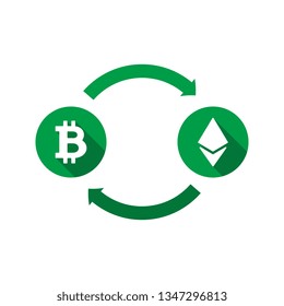 currency exchange vector concept. green symbols of bitcoin and ethereum with long shadows and arrows on white background. flat cartoon money converter illustration. eps 10