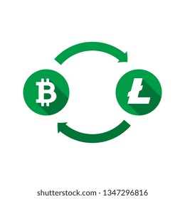 currency exchange vector concept. green symbols of bitcoin and litecoin with long shadows and arrows on white background. flat cartoon money converter illustration. eps 10