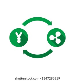 currency exchange vector concept. green symbols of yen and ripple with long shadows and arrows on white background. flat cartoon money converter illustration. eps 10