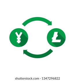 currency exchange vector concept. green symbols of yen and litecoin with long shadows and arrows on white background. flat cartoon money converter illustration. eps 10
