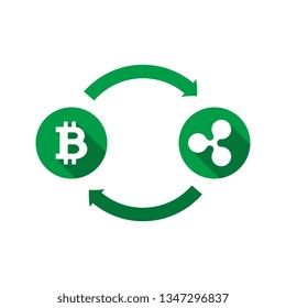 currency exchange vector concept. green symbols of bitcoin and ripple with long shadows and arrows on white background. flat cartoon money converter illustration. eps 10