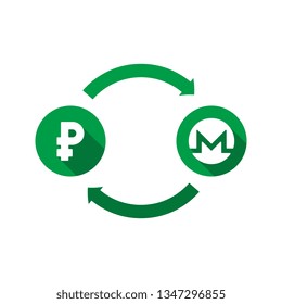 currency exchange vector concept. green symbols of ruble and monero with long shadows and arrows on white background. flat cartoon money converter illustration. eps 10