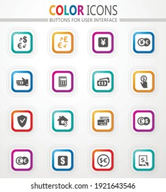 Currency exchange vector flat button icons with colored outline and shadow
