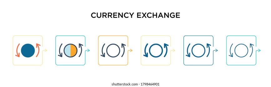 Currency exchange vector icon in 6 different modern styles. Black, two colored currency exchange icons designed in filled, outline, line and stroke style. Vector illustration can be used for web, 