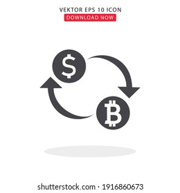 Currency exchange vector icon. Dollar Bitcoin transfer sign on white background. Dollar and Bitcoin with arrow in flat style. Vector illustration.