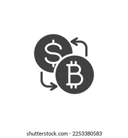 Icono vectorial de cambio de moneda. Dólar y bitcoin llenaron el signo plano para el concepto móvil y el diseño web. Icono de glifo de cambio de criptodivisa. Símbolo, ilustración del logotipo. Gráficos vectoriales