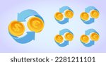 Currency exchange vector icon set: dollar, euro, pound sterling, bitcoin. Money conversion three dimensional illustration. 3D Web Vector Illustration collection.