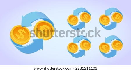 Currency exchange vector icon set: dollar, euro, pound sterling, bitcoin. Money conversion three dimensional illustration. 3D Web Vector Illustration collection.