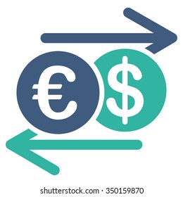 Currency Exchange vector icon. Style is bicolor flat symbol, cobalt and cyan colors, rounded angles, white background.