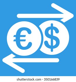 Currency Exchange vector icon. Style is flat symbol, white color, rounded angles, blue background.