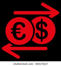 Currency Exchange vector icon. Style is flat symbol, red color, rounded angles, black background.