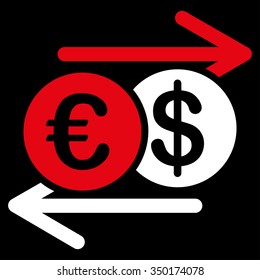 Currency Exchange vector icon. Style is bicolor flat symbol, red and white colors, rounded angles, black background.