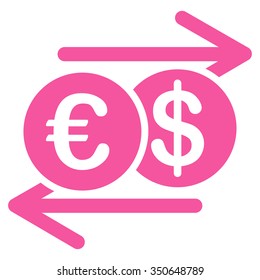 Currency Exchange vector icon. Style is flat symbol, pink color, rounded angles, white background.