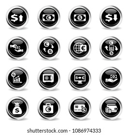 currency exchange vector icons - black round chrome buttons