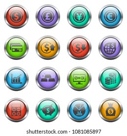 currency exchange vector icons on color glass buttons