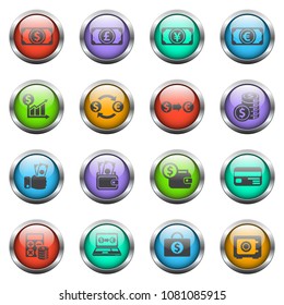currency exchange vector icons on color glass buttons