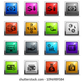 currency exchange vector icons in square colored buttons