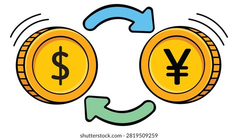 Currency exchange vector illustration with dollar and yen conversion symbols perfect for banking finance forex trading international payments business presentations and commercial financial graphic design projects