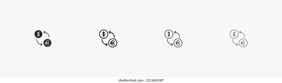 Icono de línea vectorial de cambio de moneda. Icono negro lineal de cambio de moneda en estilo plano para banca y negocios. elemento de diseño de interfaz de usuario. Símbolo comercial. Icono de la bolsa de efectivo aislado en fondo blanco