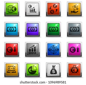 currency exchange web icons in square colored buttons