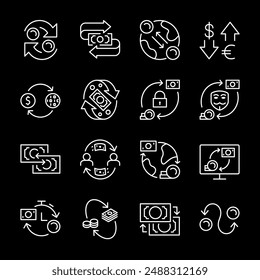 Currency exchange, white line icons. Money transfer services, different currencies, and digital money. Ideal for financial services. Symbols on black background. Editable stroke.