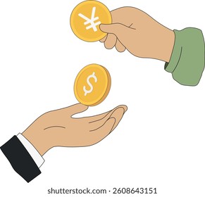 Currency exchange, yen, yuan, dollar, deposit interest. Vector currency icon, gold cash coins, currency transactions