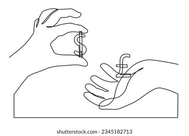 Währungsumtausch, One Line Art, Hände mit Währungsumrechnungen, handgezeichnetes internationales Handelszeichen von Valuta, trendige Vorlage für Webdesign, Social Media.Editable stroke.Vector