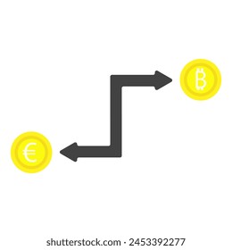 Currency exchanger, coin icon, euro, cryptocurrency, flat design, simple image, cartoon style. Money transfer concept. Vector line icon for business and advertising