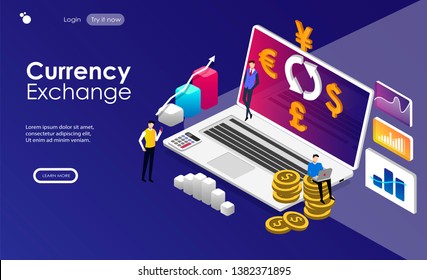 currency exhange concept. Vector isometric flat illustration with laptop, work team, financial graphics and dollar, euro pound and yen symbol. Perfect for banners, websites, landing pages etc.