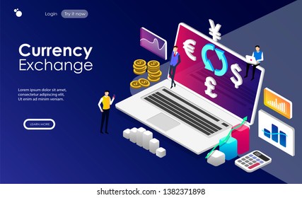 currency exhange concept. Vector isometric flat illustration with laptop, work team, financial graphics and dollar, euro pound and yen symbol. Perfect for banners, websites, landing pages etc.