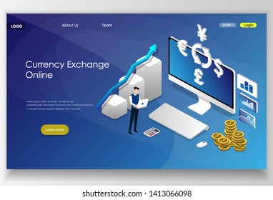 currency exhange concept. Vector isometric flat illustration with laptop, work team, financial graphics and dollar, euro pound and yen symbol. Perfect for banners, websites, landing pages etc.