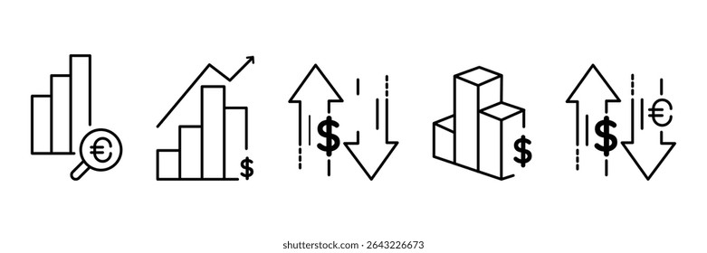 Currency financial bar graph up down analysis exchange growth decline market arrow economic trend chart icon vector illustration set.