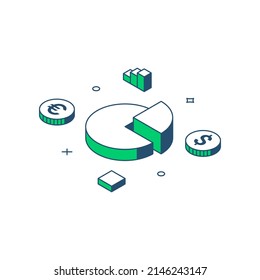 Currency financial market budget analysis chart diagram cash money coins 3d icon isometric vector illustration. Accounting banking balance economy global investment management profit risk optimization
