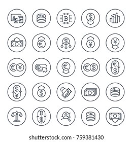 Currency, financial operations, forex trading line icons set on white