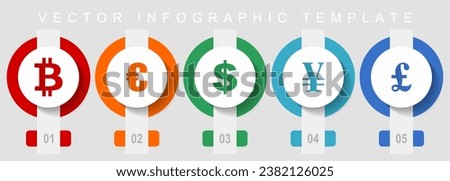 Currency flat design icon set, miscellaneous icons such as bitcoin, euro, dollar, yen and pound, vector infographic template, web buttons collection