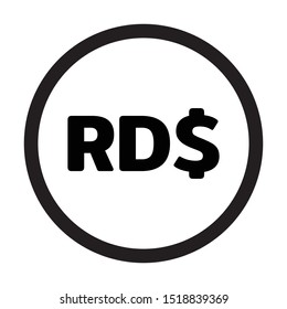 Currency flat icon coin symbols in in black circle and white background : Dominican Republic’s Dominican peso RD$ code DOP black and white vector illustration.