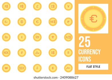 Currency Flat Icon Set. Containing signs, value, wealth, exchange, investment, real, economy, banking, currency, dollar, payment, round, finance, money, canadian, cash, british, won, pound, coin.