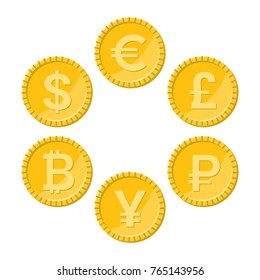 Currency flat icon set. Euro, dollar, bitcoin, yuan, ruble and pound sterling golden vector coins