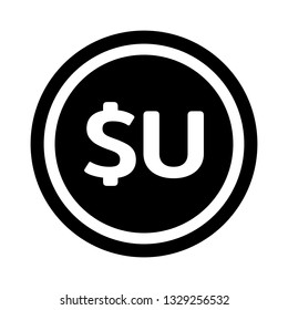 Currency flat icon symbols coin in black circle and white ring : Uruguay’s Uruguayan peso UYU vector illustration in black and white.