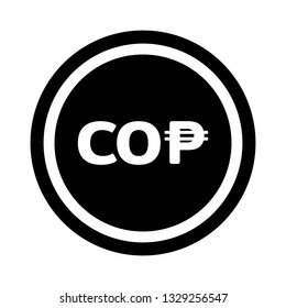 Currency flat icon symbols coin in black circle and white ring : Colombia’s Colombian peso COP vector illustration in black and white.