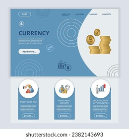 Plantilla del sitio web de la página plana de moneda. Riesgo de inversión, seguridad de inversión, altas oportunidades de crecimiento. Banner web con encabezado, contenido y pie de página. Ilustración vectorial.