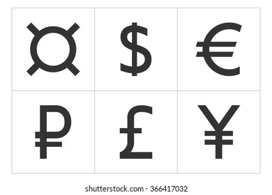 Currency flat symbols icons isolated on white background. Dollar, Euro, Pound Sterling, Yen, Ruble, Generic currency symbol, Money. Vector illustration